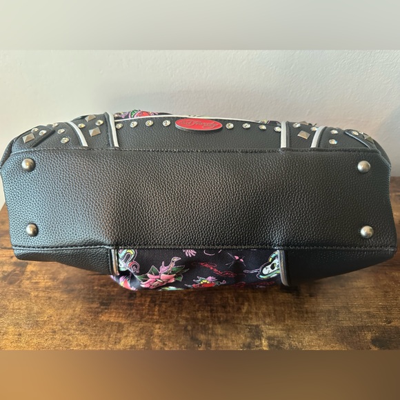 Ed Hardy Black Studded Shoulder Bag Canvas w/ Vegan Leather Rhinestone Heart NWT - Picture 12 of 12